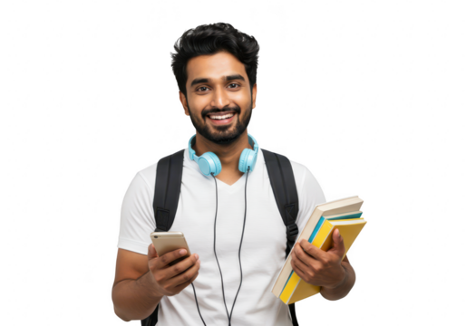 A smiling young indian student with headphones books and a phone stands ready for learning against a transparent background