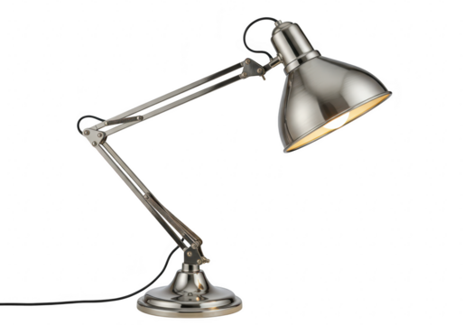 A shiny silver industrialstyle desk lamp with an adjustable arm is illuminated against a transparent background