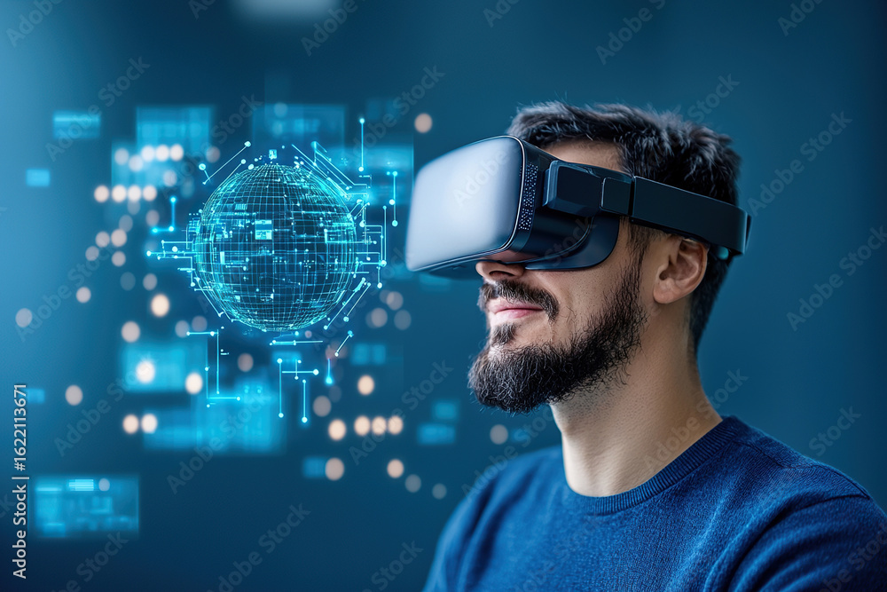 Poster futuristic ai researcher using virtual reality headset, immersed digital holographic interface, expl