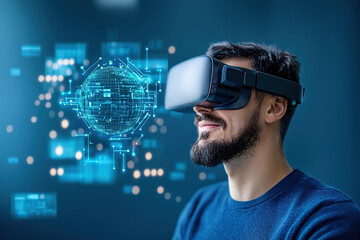 Futuristic AI researcher using virtual reality headset, immersed digital holographic interface, exploring advanced technology and data