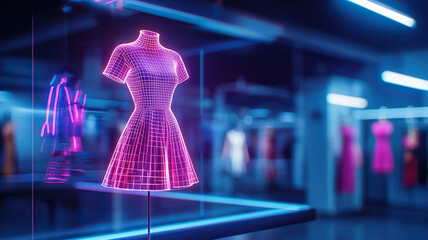 Futuristic holographic dress design displayed in modern fashion showroom, showcasing innovative technology and creativity