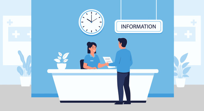 A male patient at the hospital information desk talking with a female receptionist. Flat vector illustration of a clinic lobby scene.