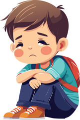 Sad young boy sitting, head bowed, with a backpack, expressing distress.