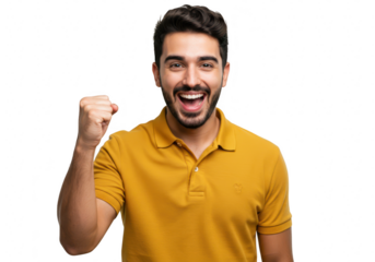 A happy and excited young adult man with dark hair and a beard wearing a yellow polo shirt raises his clenched fist in a gesture of victory and success