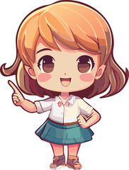 Cheerful anime girl pointing, happy expression, short hair, school uniform.