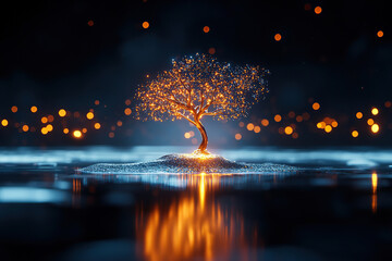 Glowing tree stands on small island, surrounded by shimmering water and soft bokeh lights in background, creating magical atmosphere