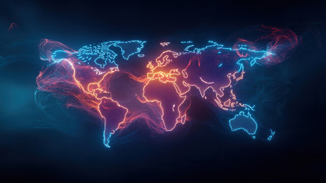 Digital world map glowing with vibrant blue and orange lines, representing global connectivity and technology trends