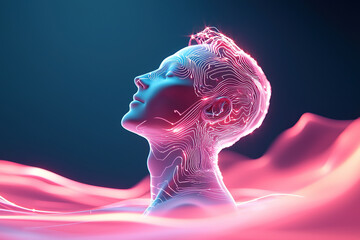 Futuristic digital representation of human figure with glowing lines, immersed in vibrant waves, symbolizing technology and creativity
