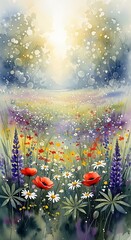 Watercolor Meadow: A Serene Landscape of Wildflowers Bathed in Warm Sunlight