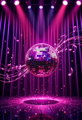 Sparkling Pink Disco Ball on Stage, Perfect for Nightlife Events. A vibrant, pink disco ball hangs in the center of a stage bathed in dramatic spotlights.