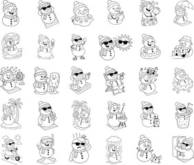 Funny summer snowman illustrations for kids featuring beach, sun, vacation, melting snow, and tropical holiday cartoon scenes