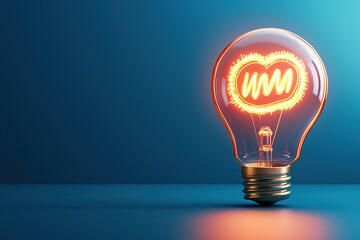 Glowing light bulb with heart shape filament symbolizes creativity and inspiration, set against blue background