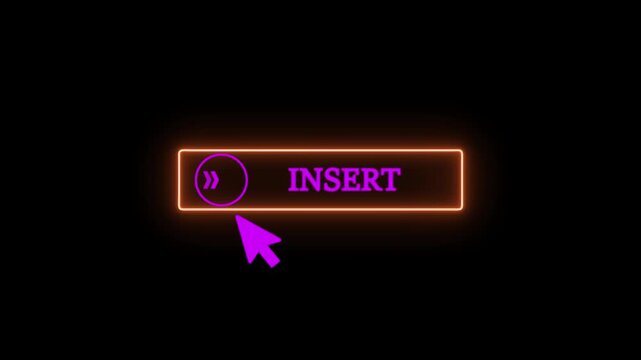 Neon Purple Insert Button Clicked by Cursor Arrow on Black Background Glowing Interface Element