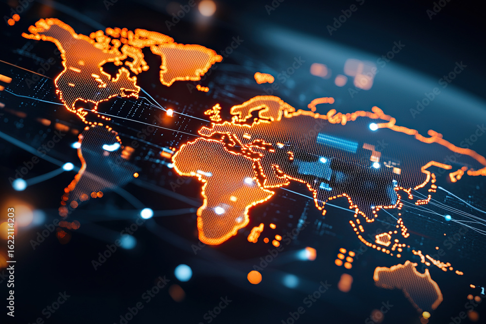 Aufkleber digital world map with glowing orange lines representing global connections and data flow, showcasin