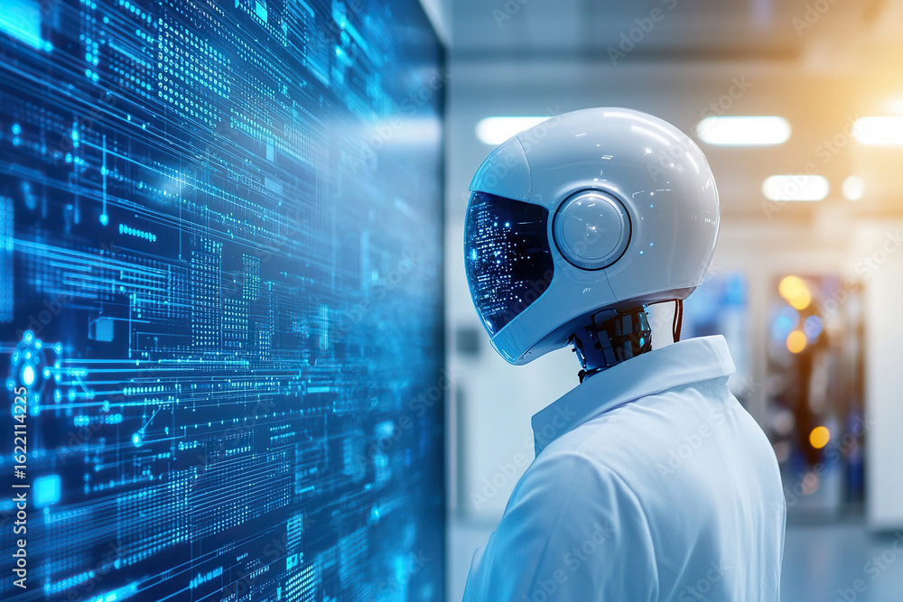 Aufkleber modern office space with humanoid robot interacting with digital interface, showcasing advanced tech
