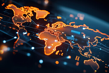 Digital world map with glowing orange lines representing global connections and data flow, showcasing technology and innovation