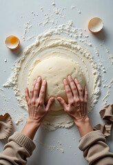 Hands Kneading Dough on a Floured Surface. High-angle close-up view of hands kneading a ball of dough on a surface covered with flour.