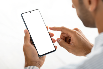Person using a smartphone with a blank screen and touching the display