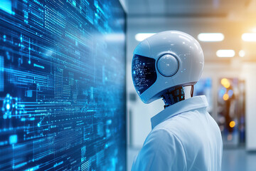 Modern office space with humanoid robot interacting with digital interface, showcasing advanced technology and innovation