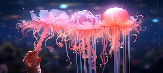 A hand holds a transparent popsicle with a cute dolphin inside, generative AI