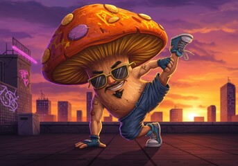 Anthropomorphic mushroom character dancing on rooftop at sunset