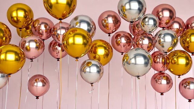Colorful balloons in gold, silver, and rose gold floating against a soft pink background