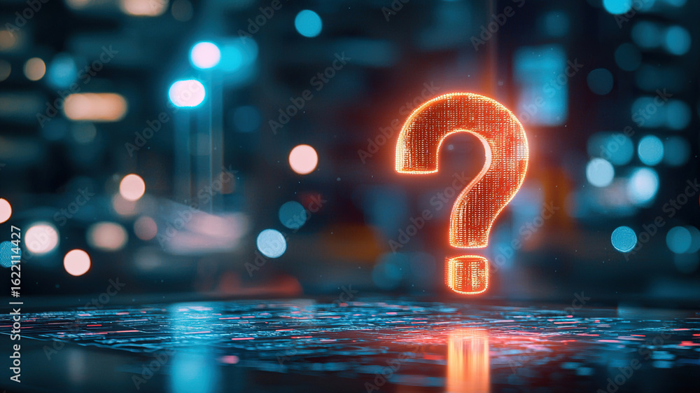 Poster glowing question mark symbolizing inquiry and curiosity in digital environment with blurred city lig