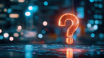 Glowing question mark symbolizing inquiry and curiosity in digital environment with blurred city lights in background