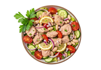 Ultra realistic Tuscan tuna & white bean salad with parsley, tomatoes, cucumber in rustic bowl on a transparent studio background, commercial food photography concept
