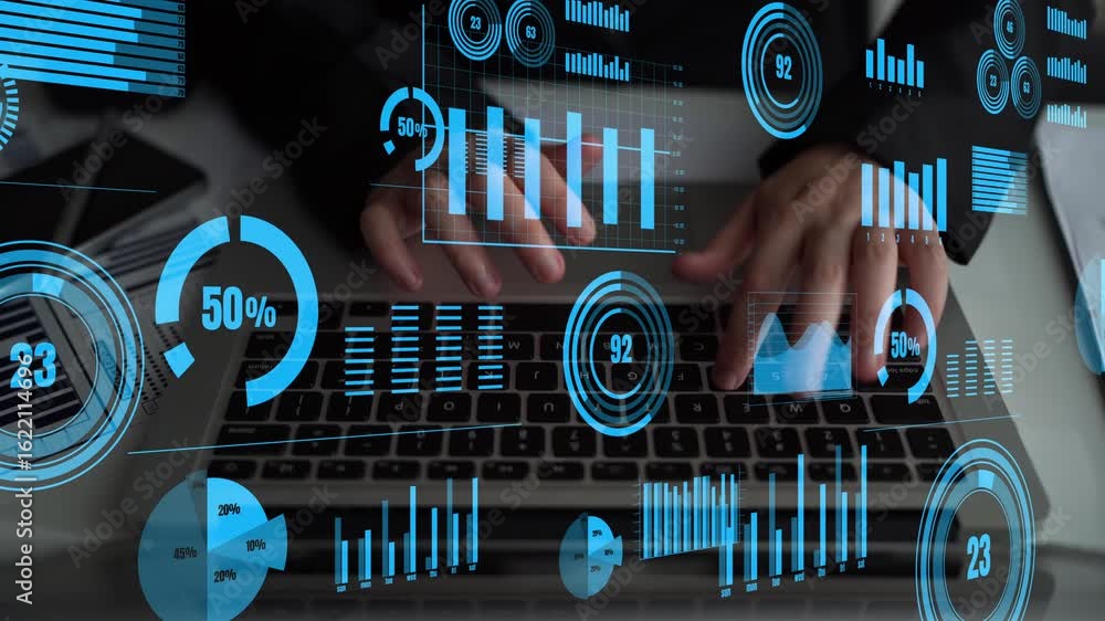 Poster close-up of hands on a laptop keyboard, surrounded by blue graphs and charts. this image represents 