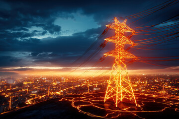 Stunning view of power tower illuminated by vibrant orange light against dramatic sky, showcasing energy infrastructure of city