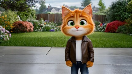 A highly detailed 3D anthropomorphic orange tabby cat with bright green eyes, standing like a human. Milo wears a brown leather jacket over a white t-shirt, dark jeans, and sneakers. His fur is smooth