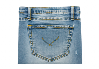 A closeup view of the back pocket and waistband of folded blue denim jeans showcasing stitching and fabric texture against a transparent background