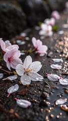Fallen Cherry Blossom Petals on Wet Soil – Melancholic Macro