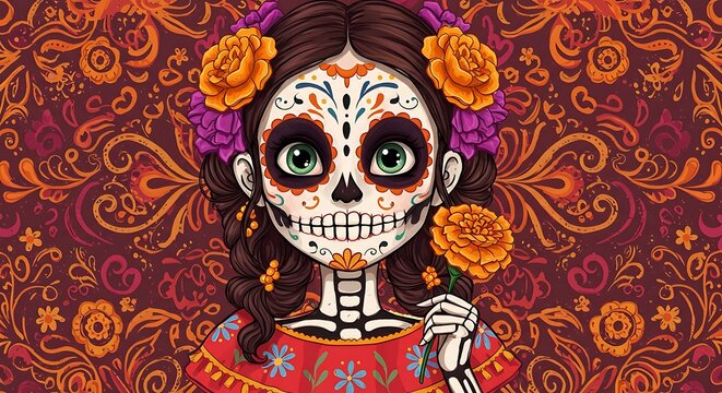 Sugar Skull Girl: Vibrant Día de Muertos Art - Powered by Adobe