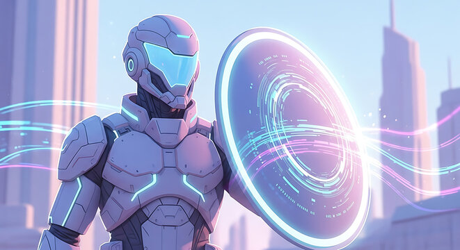 Futuristic cybernetic sentinel with a glowing energy shield defending a digital metropolis. Concept for future technology.