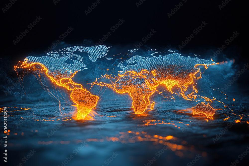 Aufkleber digital world map illuminated with glowing orange lines, representing global connections and data fl