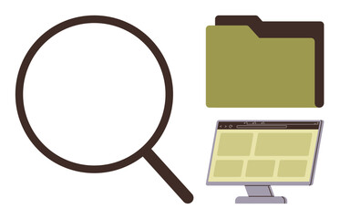 Magnifying glass with file folder and monitor showcasing search, organization, and digital management. Ideal for data retrieval, research, information organization, digital search, online browsing