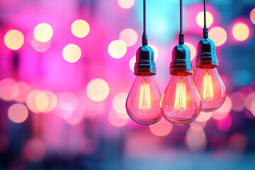 Bright hanging light bulbs create warm ambiance against colorful bokeh background, enhancing atmosphere of any space