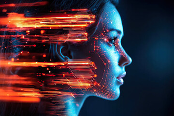 Futuristic portrait of woman with digital elements and glowing lines, representing technology and innovation. image conveys sense of speed