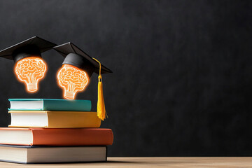 Graduation caps with brain illustrations symbolize educational achievement and knowledge, resting on colorful books