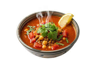 Steaming traditional Moroccan Harira soup, reddish-orange, with tomatoes, lentils, chickpeas, cilantro, lemon, in a rustic ceramic bowl on a transparent background, concept for food advertisement