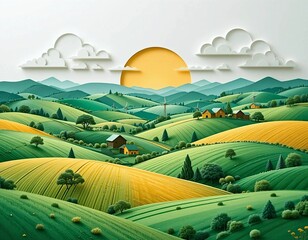 Papercut Illustration of a Peaceful Rural Landscape. This vibrant papercut illustration depicts a serene rural landscape with rolling hills, fields of vibrant green and yellow crops.