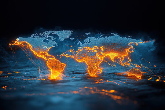 Digital world map illuminated with glowing orange lines, representing global connections and data flow, set against dark background