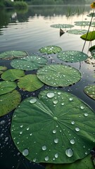 Lotus Leaves with Raindrops – Tranquil Water Surface Macro