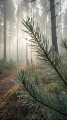 Pine Needles with Morning Mist – Close-Up Forest Detail