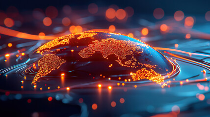 Vibrant globe illuminated with glowing orange dots represents global connections and data flow, set against dark, fluid background
