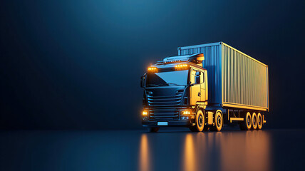 Modern truck with container, illuminated by dramatic lighting, showcases its sleek design and powerful presence in dark environment