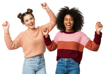 Two happy young women one caucasian and one african american with arms raised in celebration laugh and smile together isolated on transparent