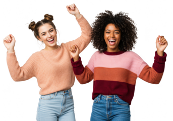 Two happy young women one caucasian and one african american with arms raised in celebration laugh and smile together isolated on transparent